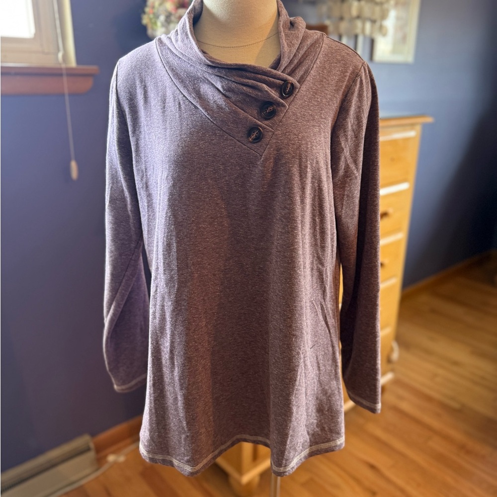 Soft surroundings, tunic crown neck with buttons, large purple , long sleev…